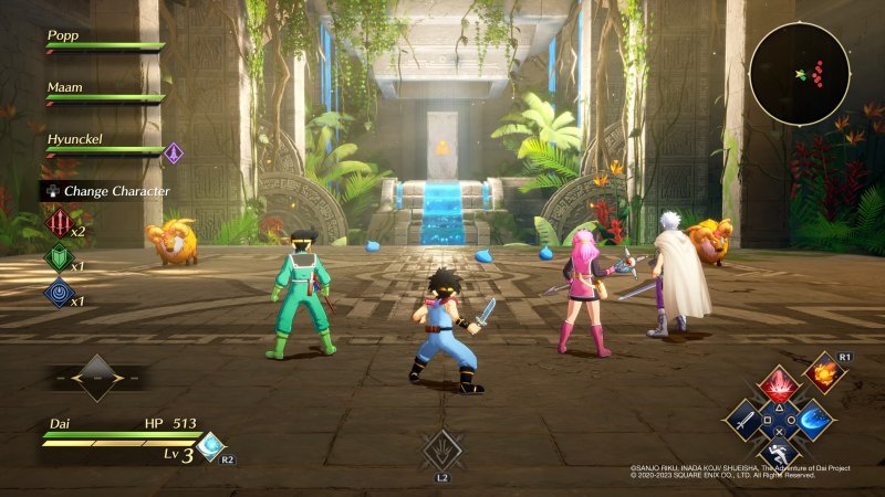 Il sistema di combattimento di Infinity Strash Dragon Quest The Adventure of Dai è estremamente basilare, con la possibilità di passare in qualsiasi momento da un personaggio all'altro