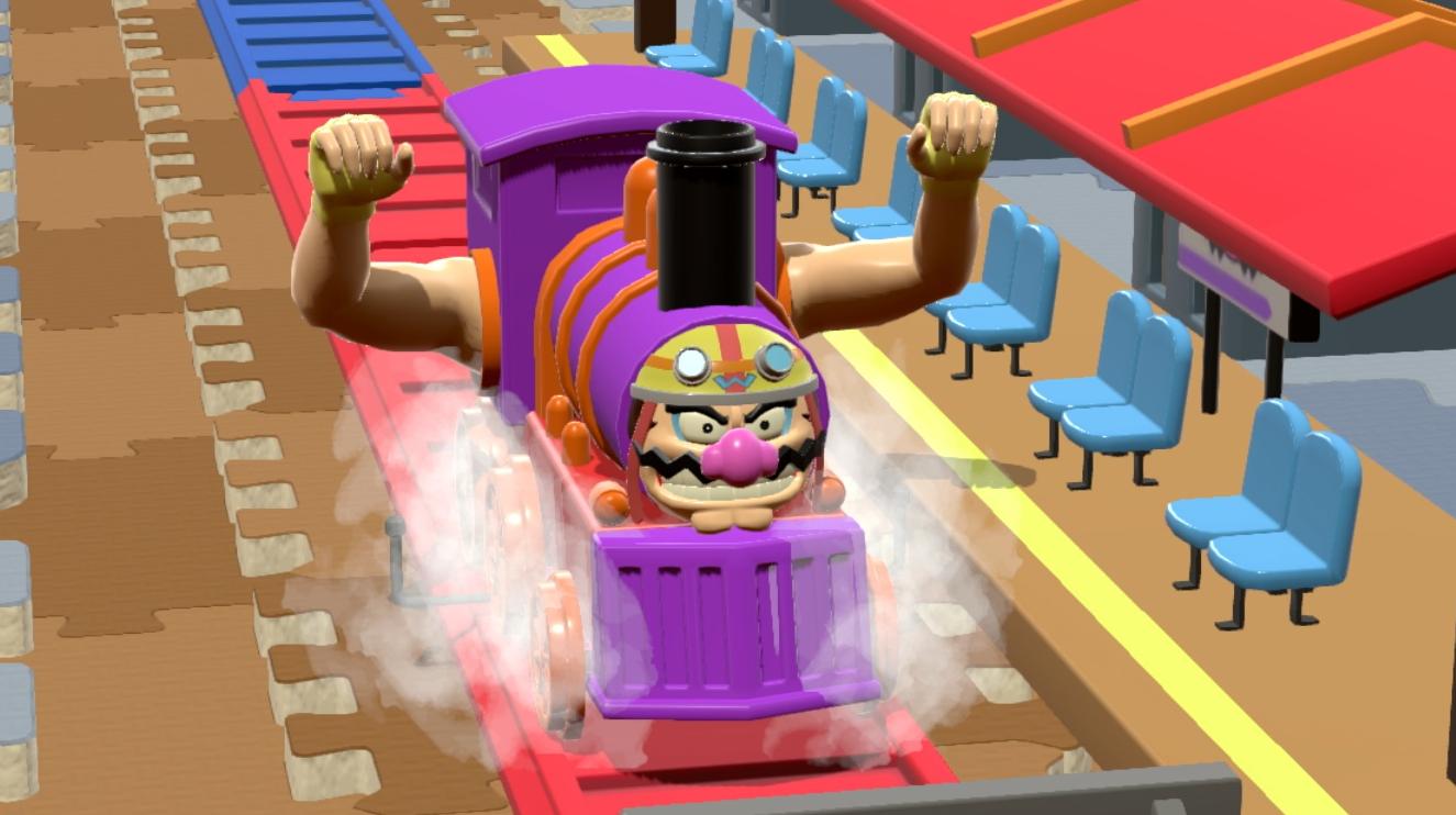 Un treno con la faccia di Wario in WarioWare: Move It!