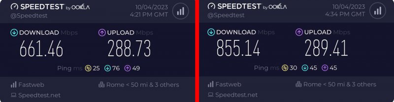 A sinistra la velocità di connessione su PC in Wi-Fi con il router del provider; a destra i risultati con ASUS TUF Gaming AX6000