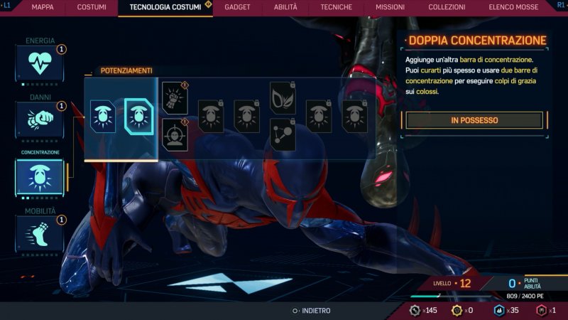 La schermata della Tecnologia costumi offre vari potenziamenti La schermata della Tecnologia costumi offre vari potenziamenti