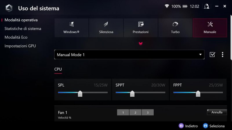 La configurazione manuale della modalità operativa permette di gestire consumi e funzionamento delle ventole