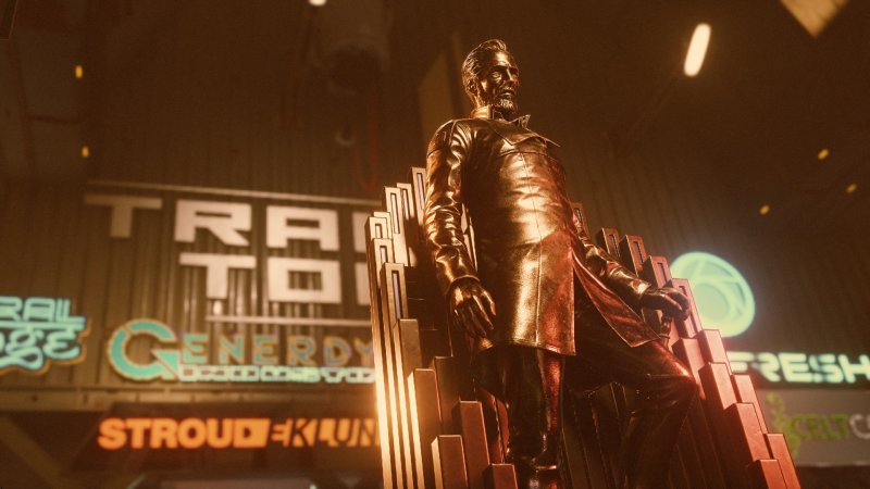 Starfield: la statua di Bayu fuori dalla Torre del Commercio