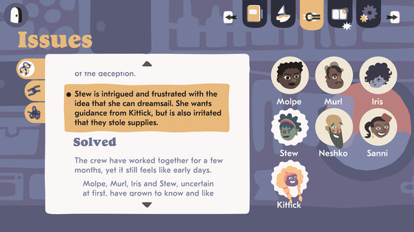 Il diario di bordo della De Kelpie contiene tutte le Questioni, tenendo traccia di quelle risolte, di quelle appena sorte e di quelle in corso di sviluppo