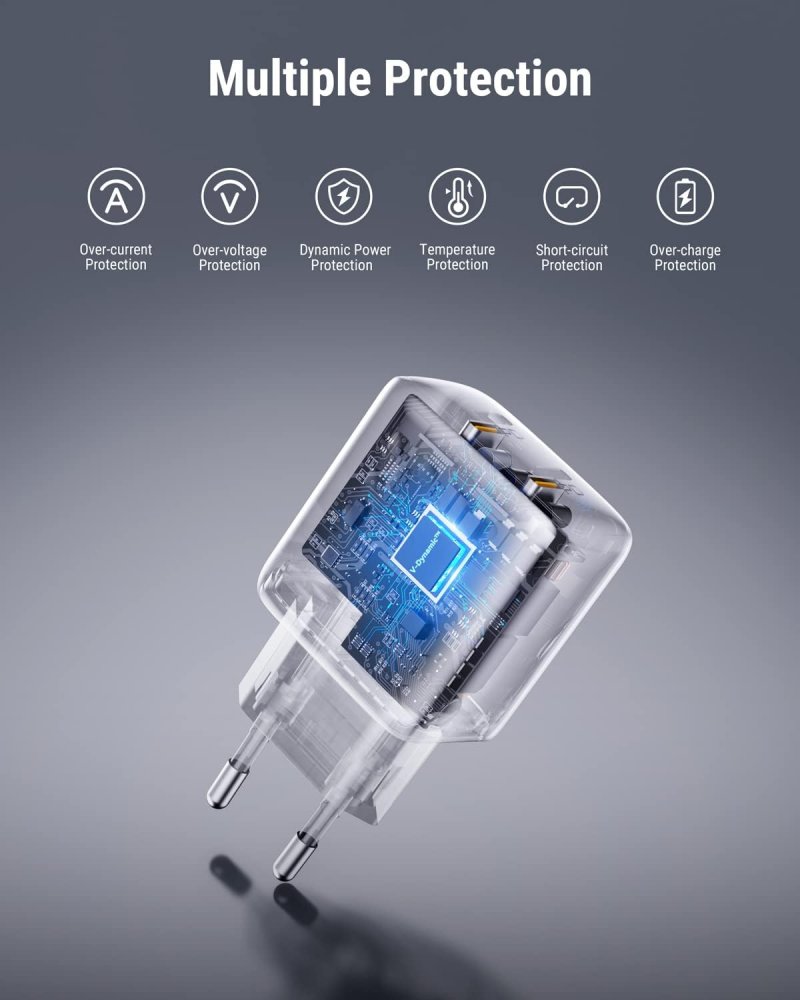 Il caricatore USB-C a doppio porta da 35W supporta varie tecnologie per la massima sicurezza nell'utilizzo