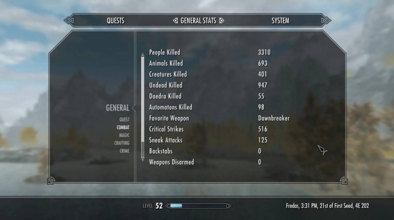 Le folli statistiche di chi ha ucciso qualsiasi cosa in Skyrim Le folli statistiche di chi ha ucciso qualsiasi cosa in Skyrim