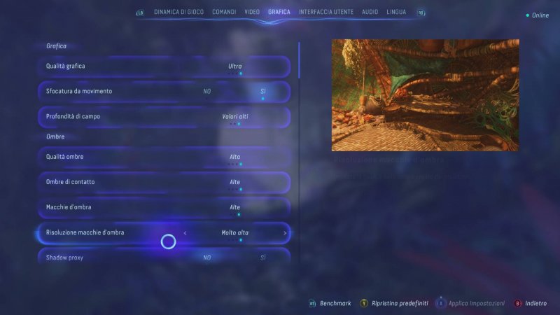 La schermata delle opzioni grafiche di Avatar: Frontiers of Pandora La schermata delle opzioni grafiche di Avatar: Frontiers of Pandora