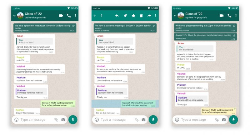 Foto che mostra la funzione di fissaggio dei messaggi in chat