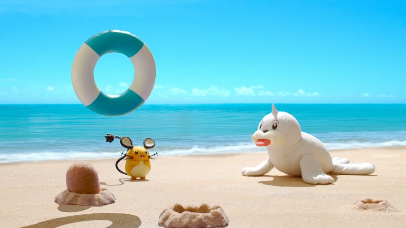 Le concierge Pokémon, une scène de la mini-série voit des Pokémon jouer sur la plage.