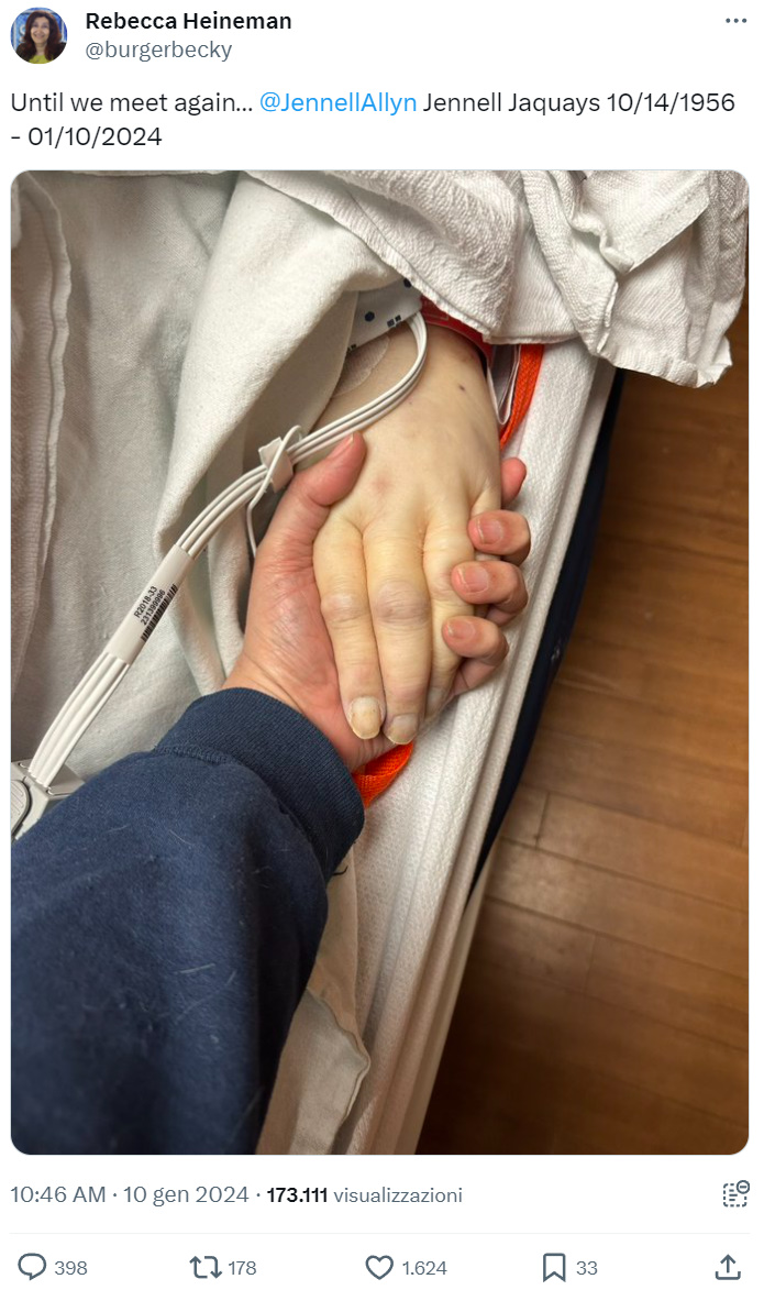 Il post con l'annuncio della morte di Jennell Jaquays