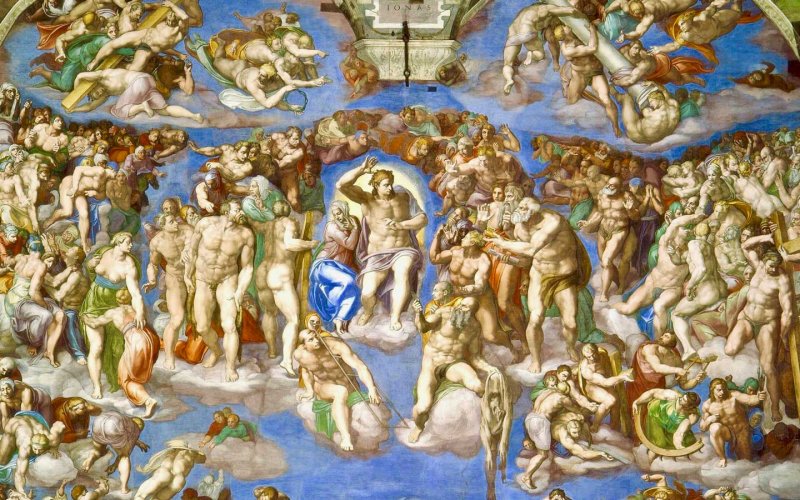 In basso al centro, appena spostato verso destra, vediamo San Bartolomeo, rappresentato da Michelangelo nel Giudizio Universale mentre regge la sua stessa pelle