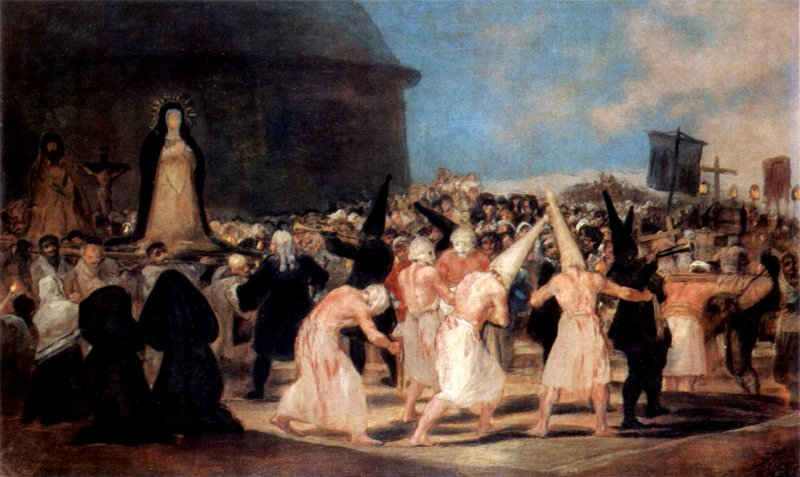 Il dipinto che Goya dedicò alla processione dei flagellanti è gravido delle convinzioni politiche liberali del pittore, intento a mostrare le conseguenze cruente di una fede cattolica impiegata dal Re spagnolo per tenere compatte le masse e motivare le sue azioni