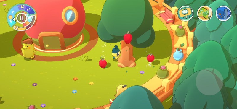 Mametchi fa cadere le mele da un albero in Tamagotchi Adventure Kingdom Mametchi fa cadere le mele da un albero in Tamagotchi Adventure Kingdom