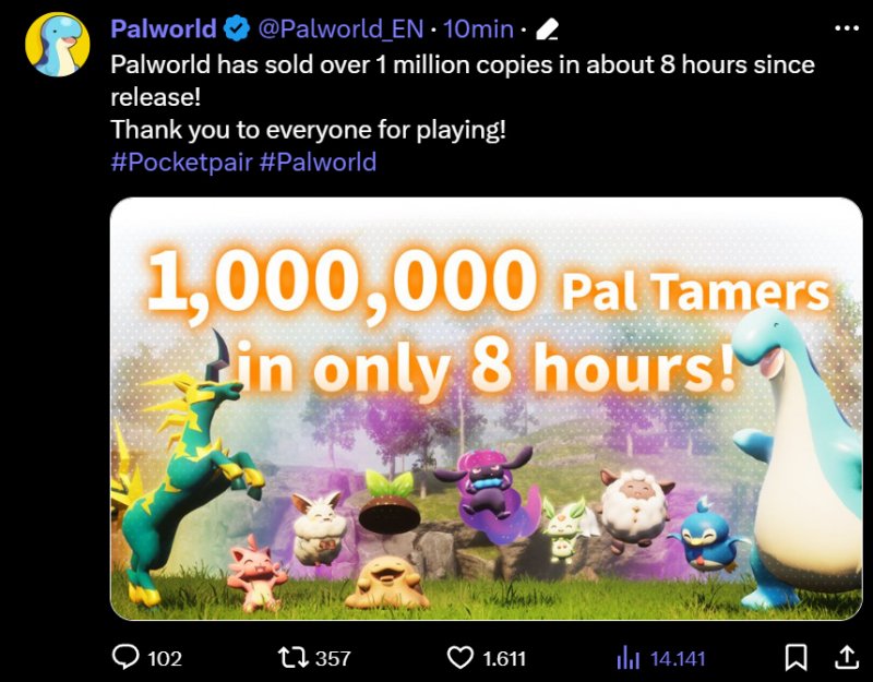 L'annuncio delle vendite di Palworld