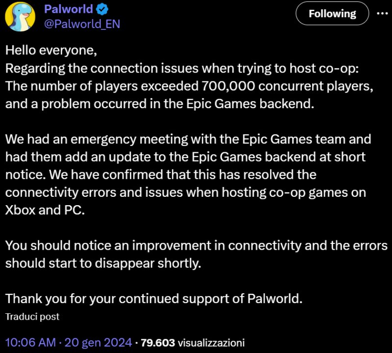 Il messaggio di Pocketpair