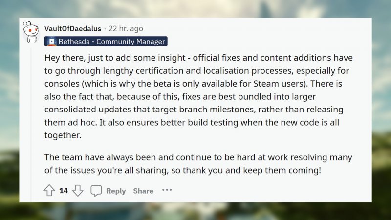 Il post del community manager di Bethesda