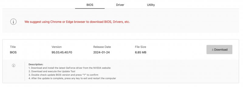 La pagina di supporto di una delle schede coinvolte, trovare il BIOS corretto è molto semplice