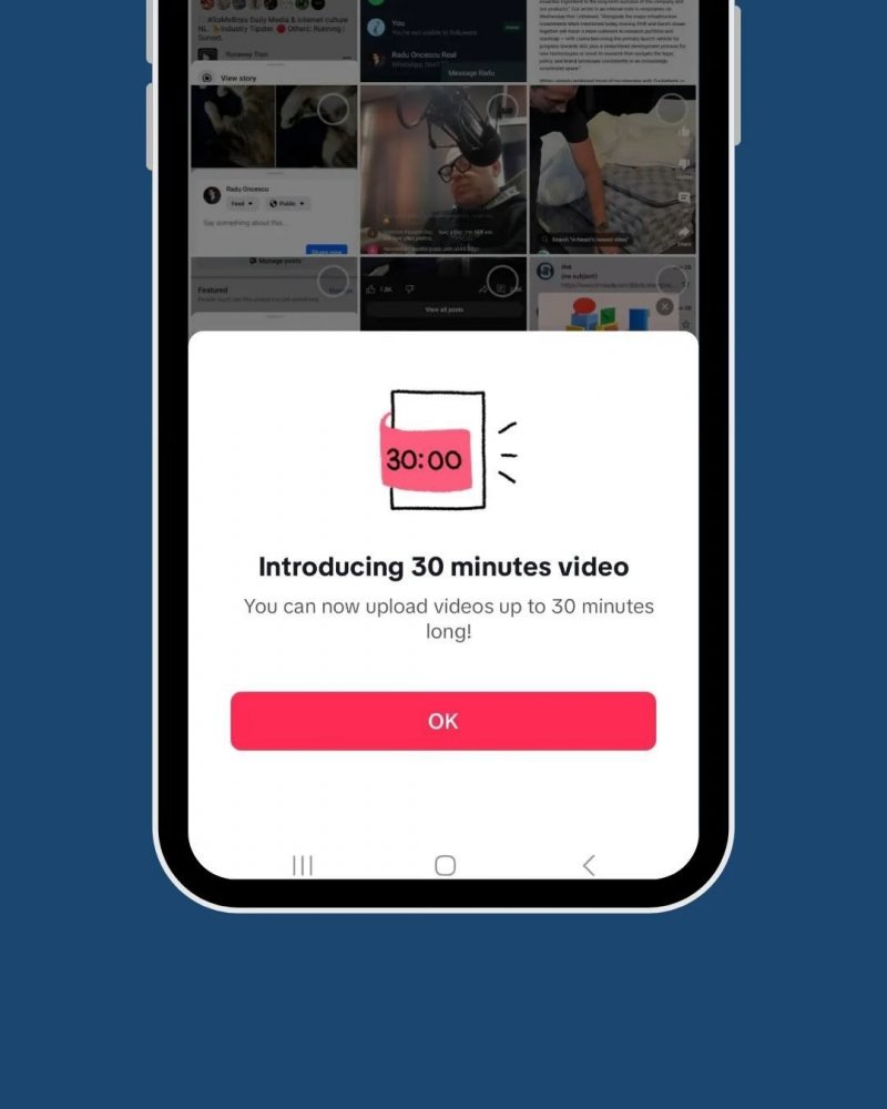 Screenshot of TikTok's new feature for 30-minute videos