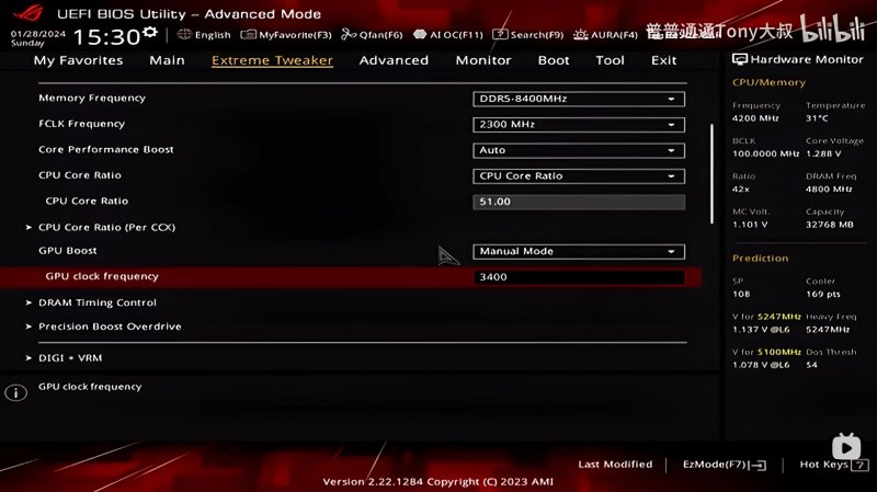 La schermata del BIOS con le impostazioni utilizzate durante il test, notate la velocità delle memorie