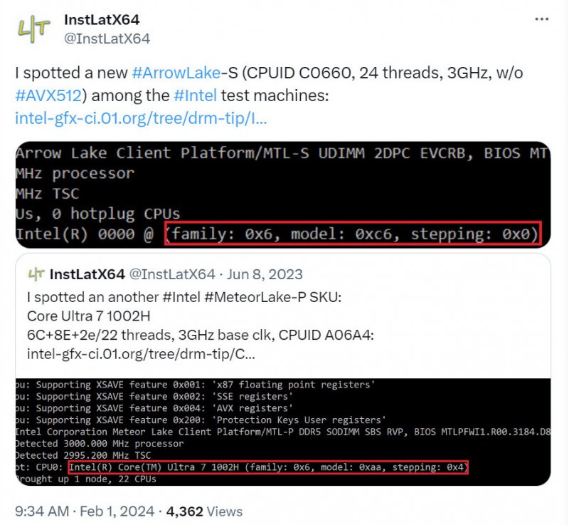 Il leak apparso su X sul nuovo processore Intel di 15a generazione
