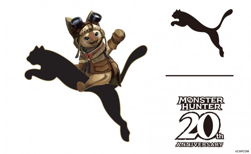 Un Palico di Monster Hunter a cavallo del logo Puma