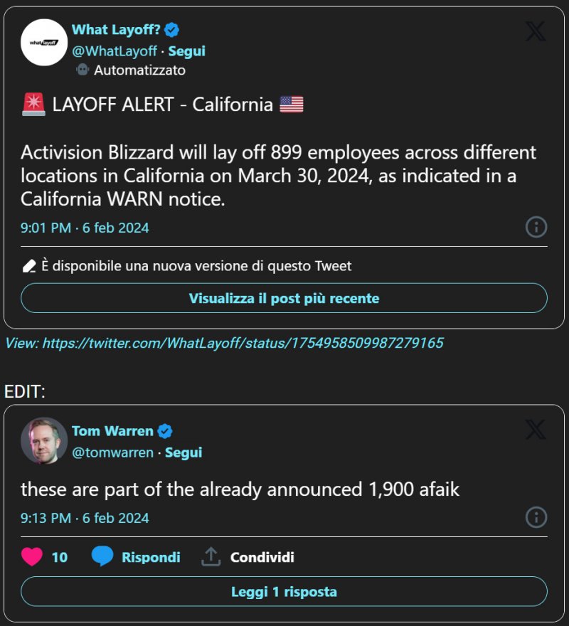 Il post con l'annuncio
