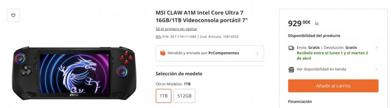 La pagina di PC Componentes della versione da 1TB della MSI Claw