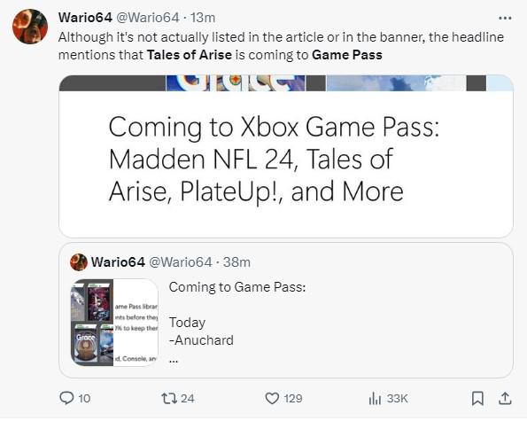L'introduzione del post ufficiale Xbox che riportava Tales of Arise su Game Pass L'introduzione del post ufficiale Xbox che riportava Tales of Arise su Game Pass