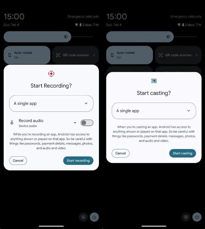 The options to enable single-app video recording