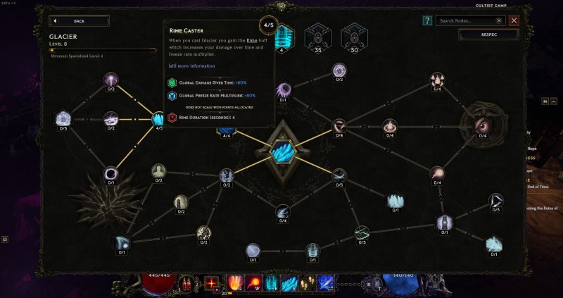 La schermata che permette di potenziare e modificare l'abilità Glacier del Mage La schermata che permette di potenziare e modificare l'abilità Glacier del Mage