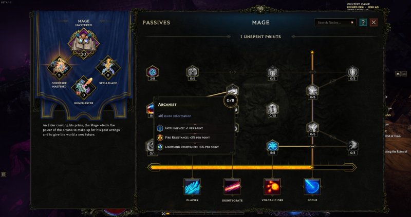 L'albero delle abilità del Mage di Last Epoch, a sinistra le tre specializzazioni possibili L'albero delle abilità del Mage di Last Epoch, a sinistra le tre specializzazioni possibili