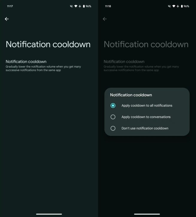 Screenshot della funzione cooldown per le notifiche Screenshot della funzione cooldown per le notifiche