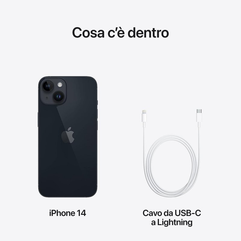 I contenuti della confezione dell'Apple iPhone 14 da 128 GB I contenuti della confezione dell'Apple iPhone 14 da 128 GB