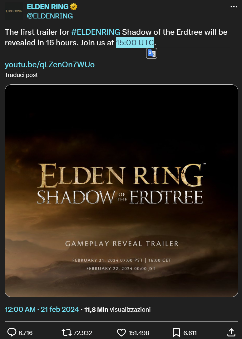 Il post su X con l'annuncio del trailer