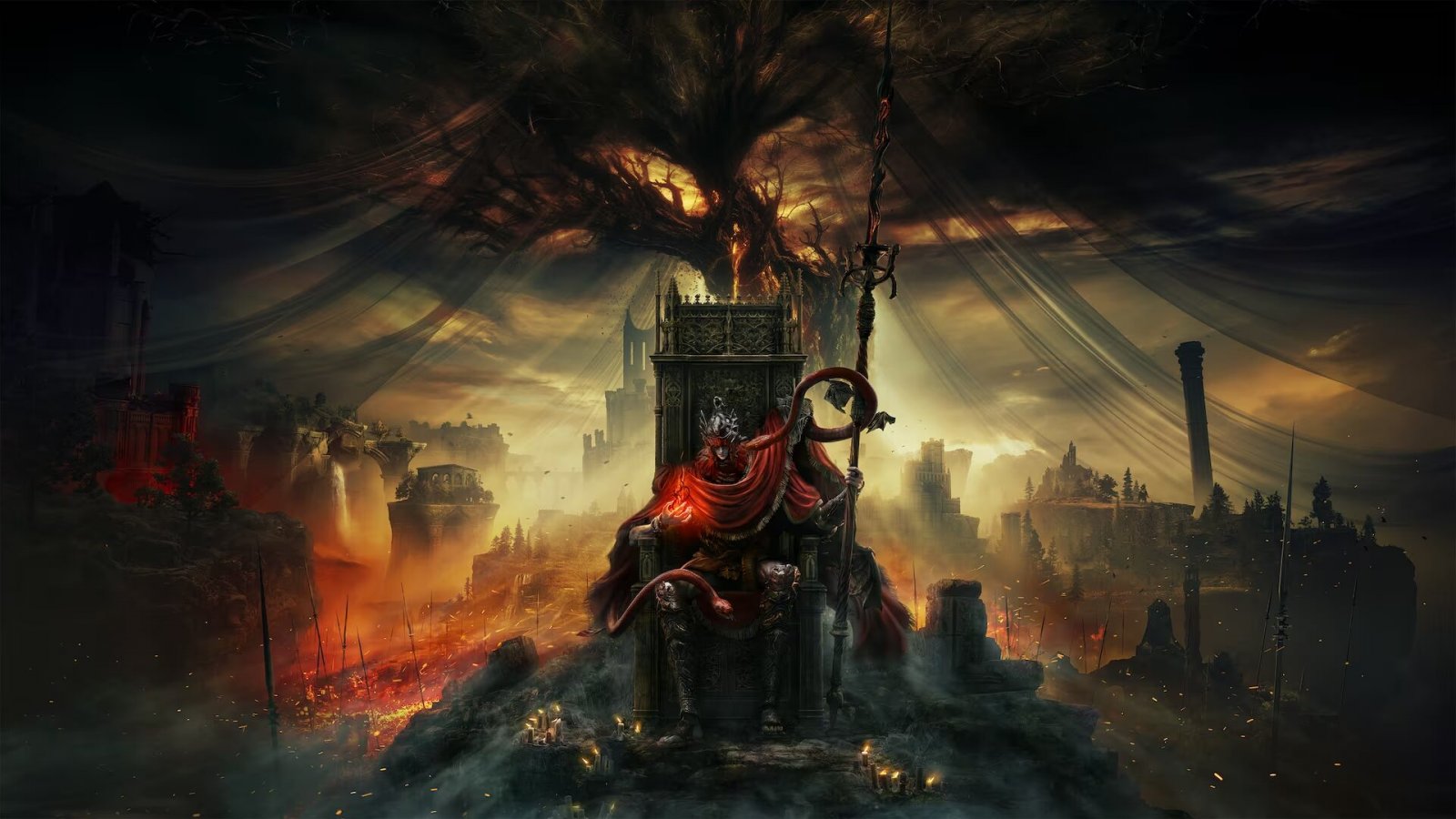 L'artwork principale di Elden Ring: Shadow of the Erdtree che raffigura un personaggio su un trono nelle Terre delle Ombre