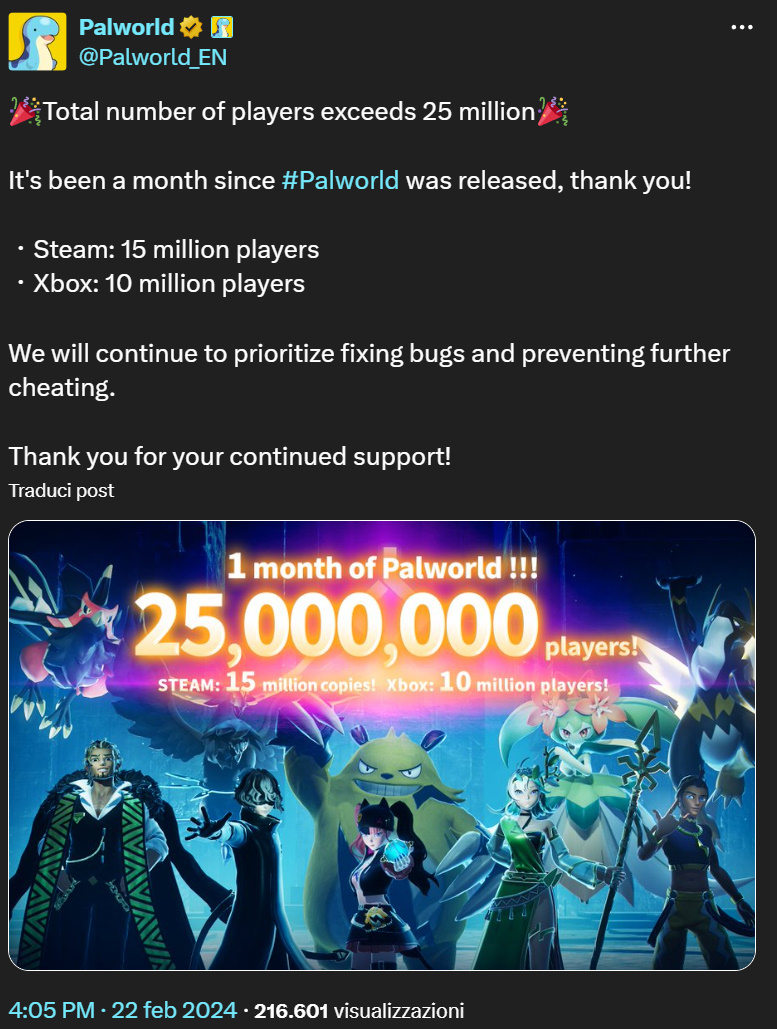 Il post celebrativo di Palworld
