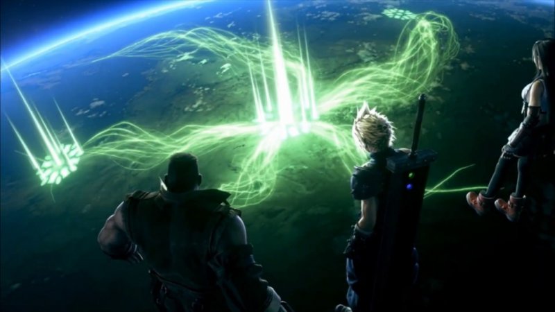 Cloud, Barret e Tifa assistono a una dimostrazione della Shinra Cloud, Barret e Tifa assistono a una dimostrazione della Shinra
