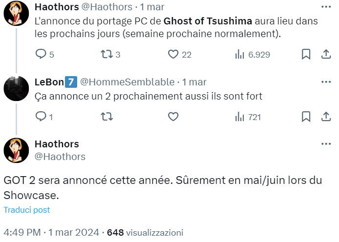 Il post con l'indiscrezione di Ghost of Tsushima 2