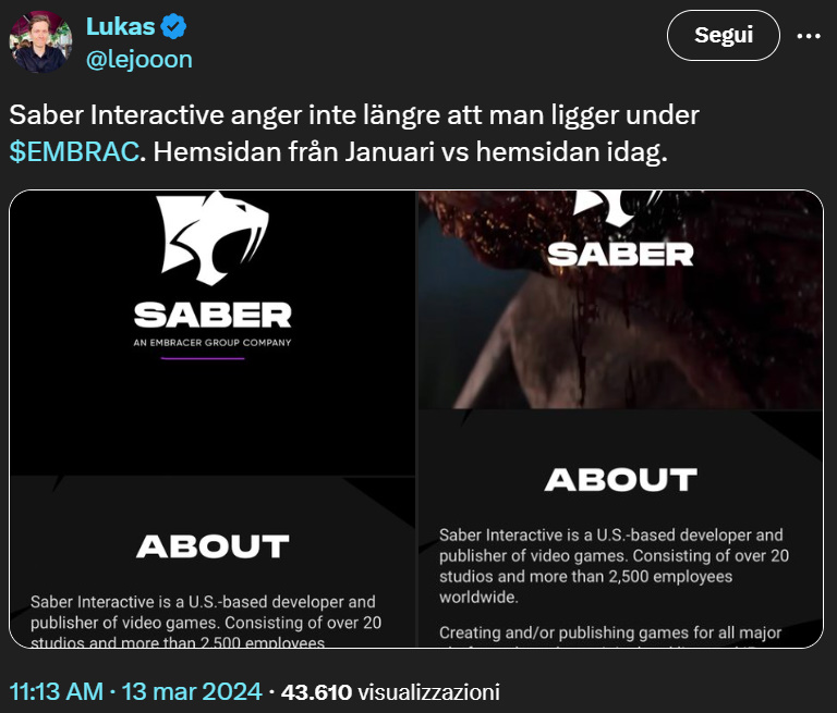 Saber ha eliminato tutti i riferimenti a Embracer dal suo sito