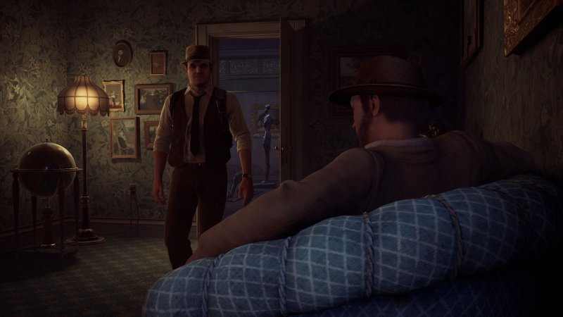 Edward Carnby parla con uno degli ospiti di Derceto in Alone in the Dark Edward Carnby parla con uno degli ospiti di Derceto in Alone in the Dark
