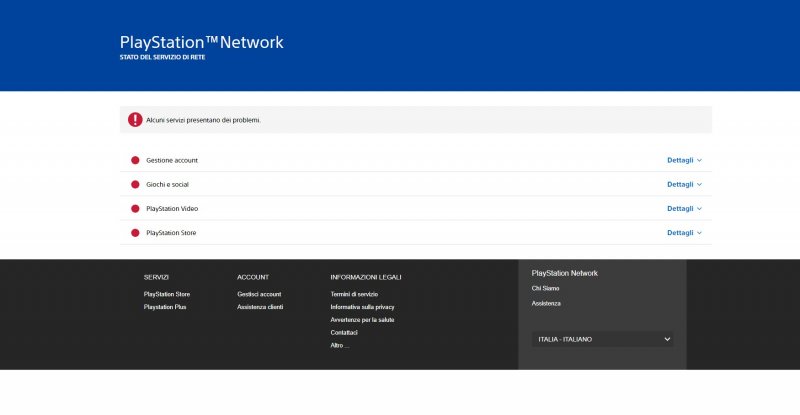 La pagina di stato del PSN