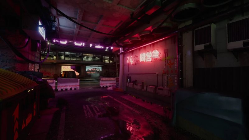 Un vicolo di Cyberpunk 2077 con la mod Remastered Texture Pack