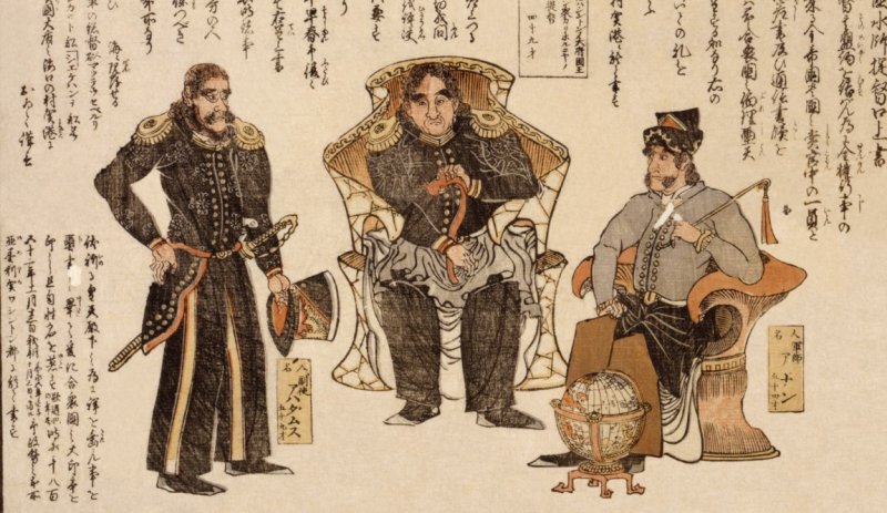 Protagonista di questa stampa giapponese dell'epoca è il commodoro Perry assieme ad altri ufficiali degli invasori
