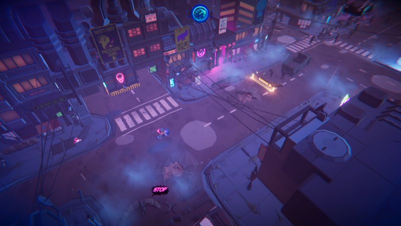 Il gameplay di Death Noodle Delivery è la versione cyberpunk di Paperboy a cui si aggiunge la possibilità di rallentare il tempo e di lanciare degli ordigni a forma di gatto Il gameplay di Death Noodle Delivery è la versione cyberpunk di Paperboy a cui si aggiunge la possibilità di rallentare il tempo e di lanciare degli ordigni a forma di gatto