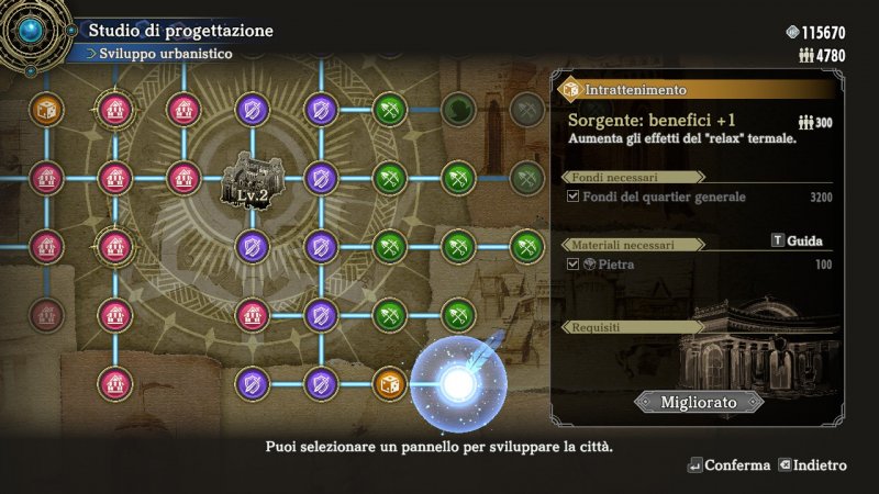 Il castello si espande sbloccando i nodi sull'apposita griglia... ma servono materiali, fondi e personaggi