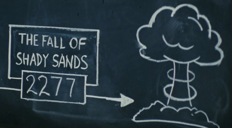 Su una lavagna all'interno del Vault 4 si fa riferimento alla caduta di Shady Sands nel 2277, dopodiché compare il fungo nucelare
