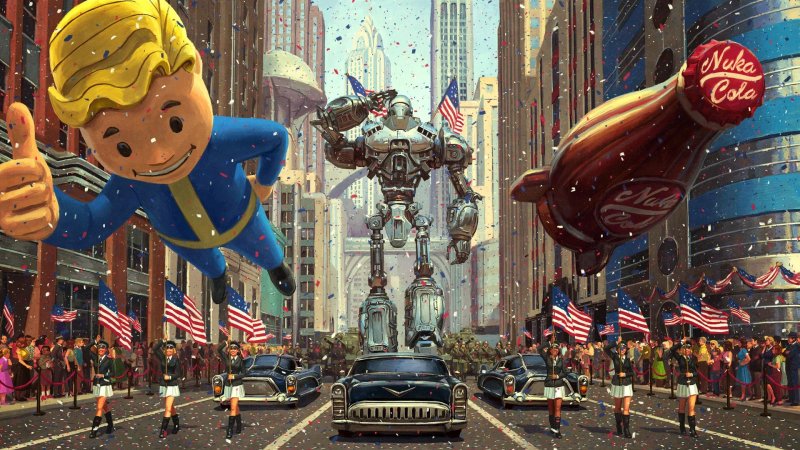 Un défilé imaginé dans Fallout, entre Pip Boy et des bouteilles de Nuka Cola gonflables.