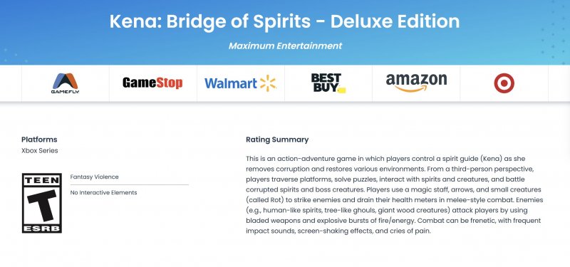 La classificazione ESRB di Kena: Bridge of Spirits per Xbox Series X|S La classificazione ESRB di Kena: Bridge of Spirits per Xbox Series X|S
