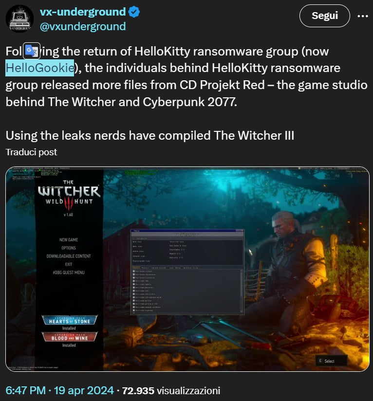 The Witcher 3: Wild Hunt was compiled from stolen source code