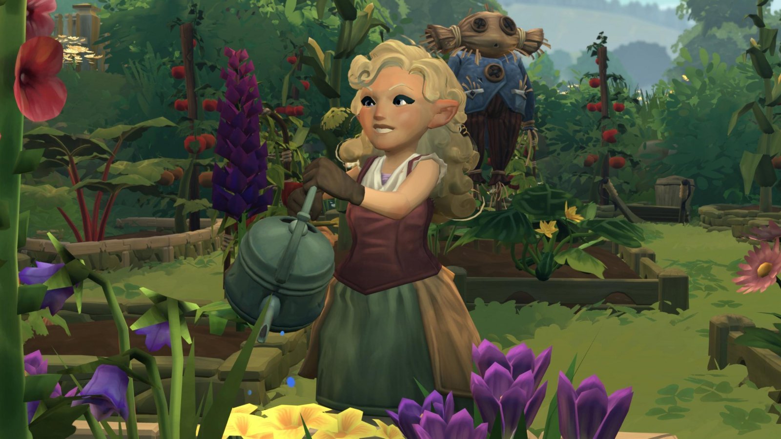 Una hobbit in un giardino fiorito in Tales of the Shire