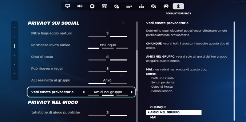 Il menù della privacy di Fortnite